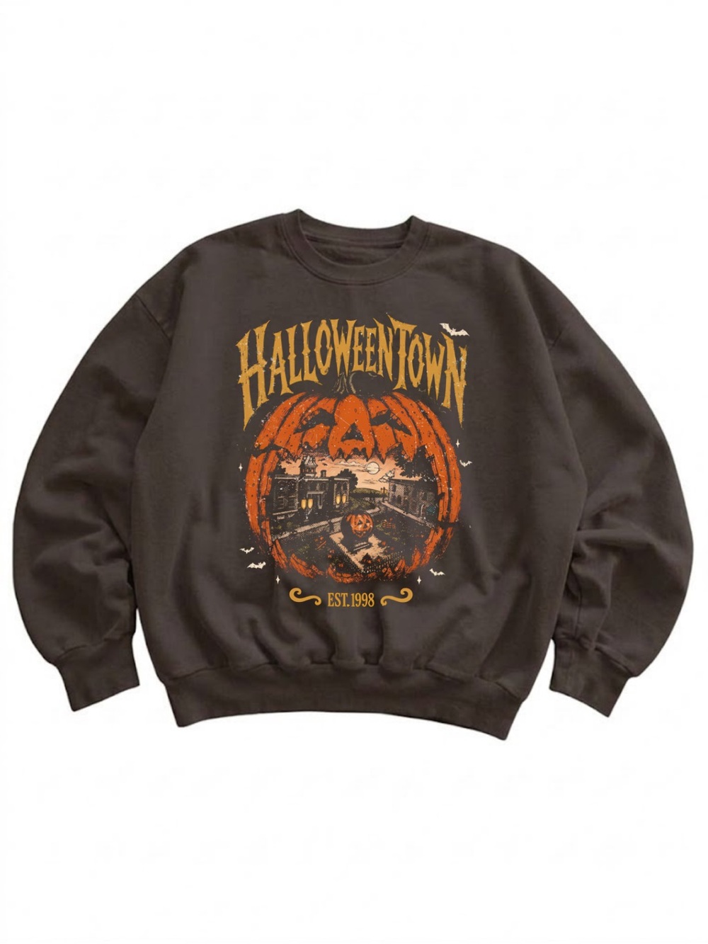 Gildan HalloweenTown Graphic Crewneck Sweater - Dark Brown with Orange Print